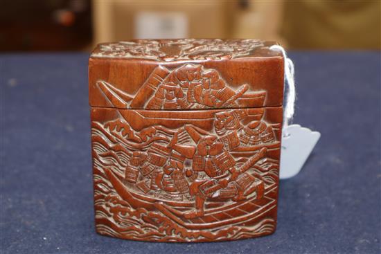 A Japanese Meiji carved wood inro and ivory ojime 8.5 x 8.5cm